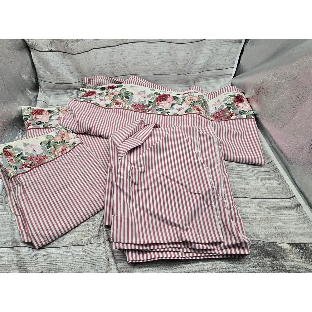 Croscill ARBOR ROSE Floral Stripe Cranberry King Sheet Set *READ*